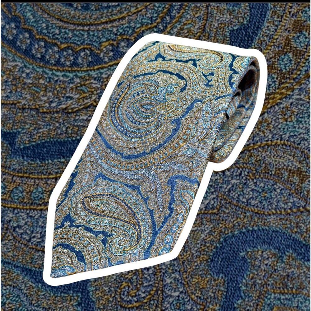 JZ Richards Extra Long Blue Paisley Silk Neck Tie USA Made Gallery Collection